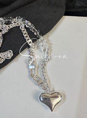 韩国进口S925纯银天然白水晶坦克链重工拼接爱心 吊坠项链锁骨链