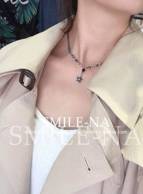 韩国进口纯银做旧五角星镶钻项链