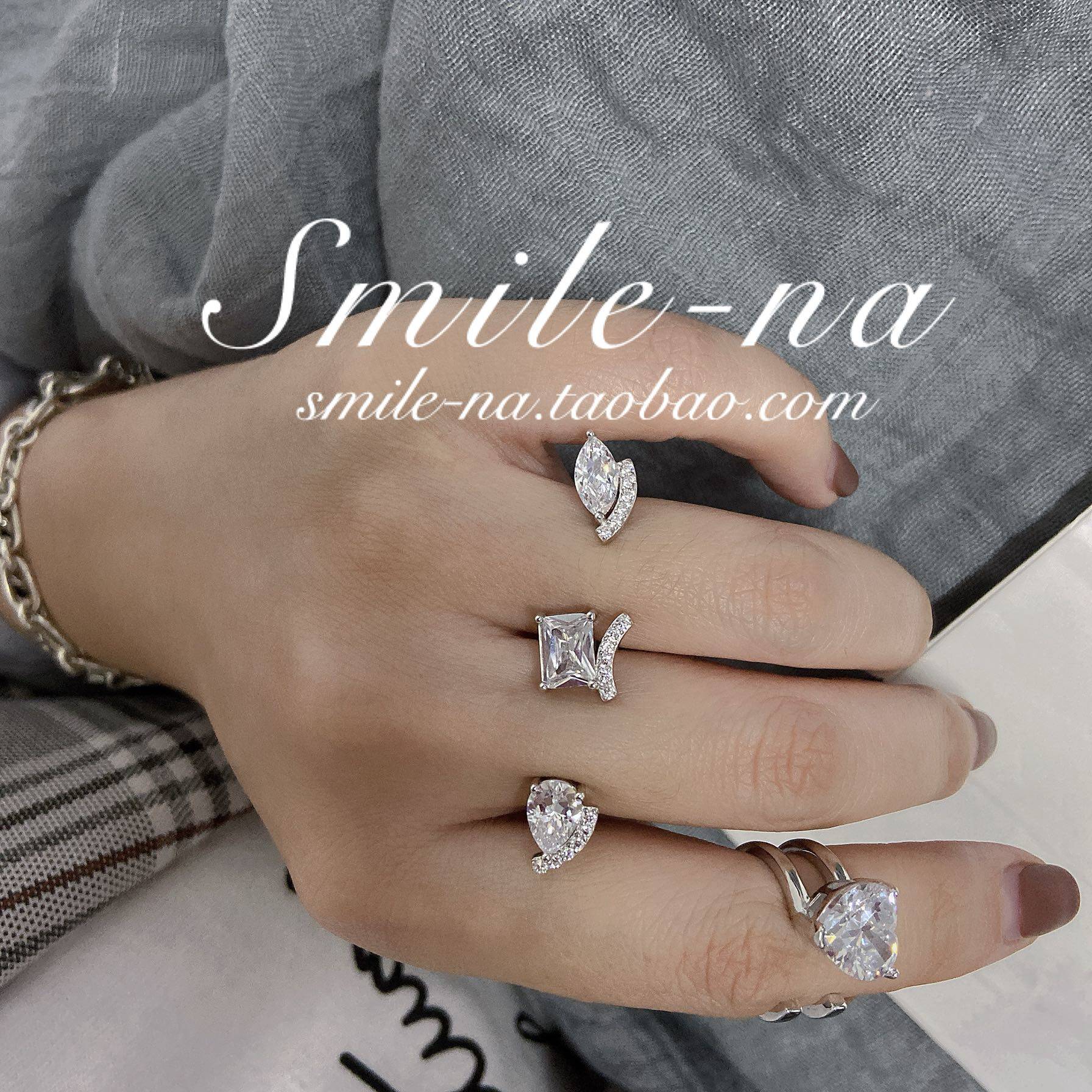 韩国设计师款925纯银镶嵌不规则锆石连指开口戒指指环