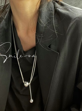 韩国进口小众设计款925纯银重工多层坦克链圆球球吊坠项链毛衣链