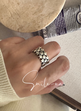 韩国进口小众设计925纯银齿轮六芒星星星立体镂空宽戒指时尚指环