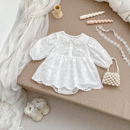 ins0-3岁婴儿春装女宝宝纯色翻领长袖公主裙爬服蝴蝶结包屁裙哈衣