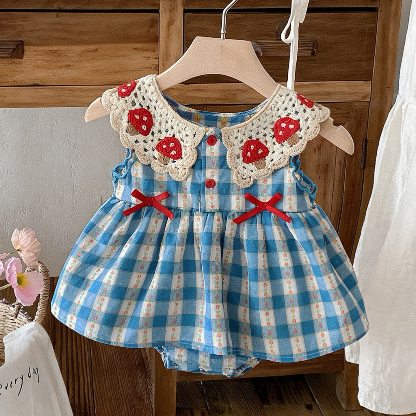 婴儿衣服夏装新生儿甜美格纹连体衣女宝宝刺绣蘑菇可爱包屁裙夏季