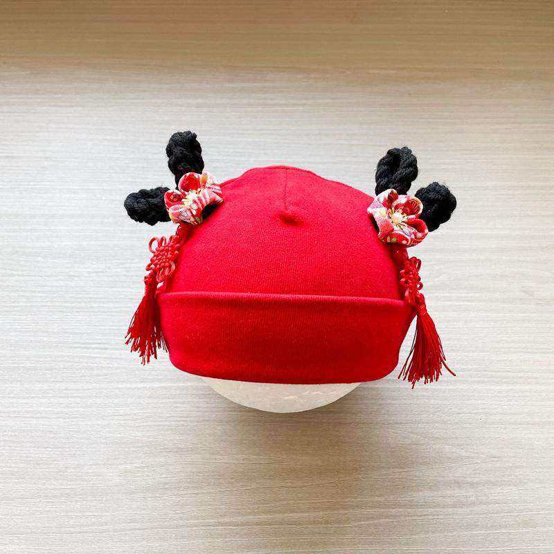 女宝宝可爱公主胎帽春秋棉布帽大红色喜庆中国风婴幼儿护颅门帽子