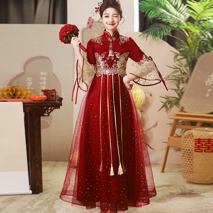 中式改良旗袍敬酒服新娘高腰礼服