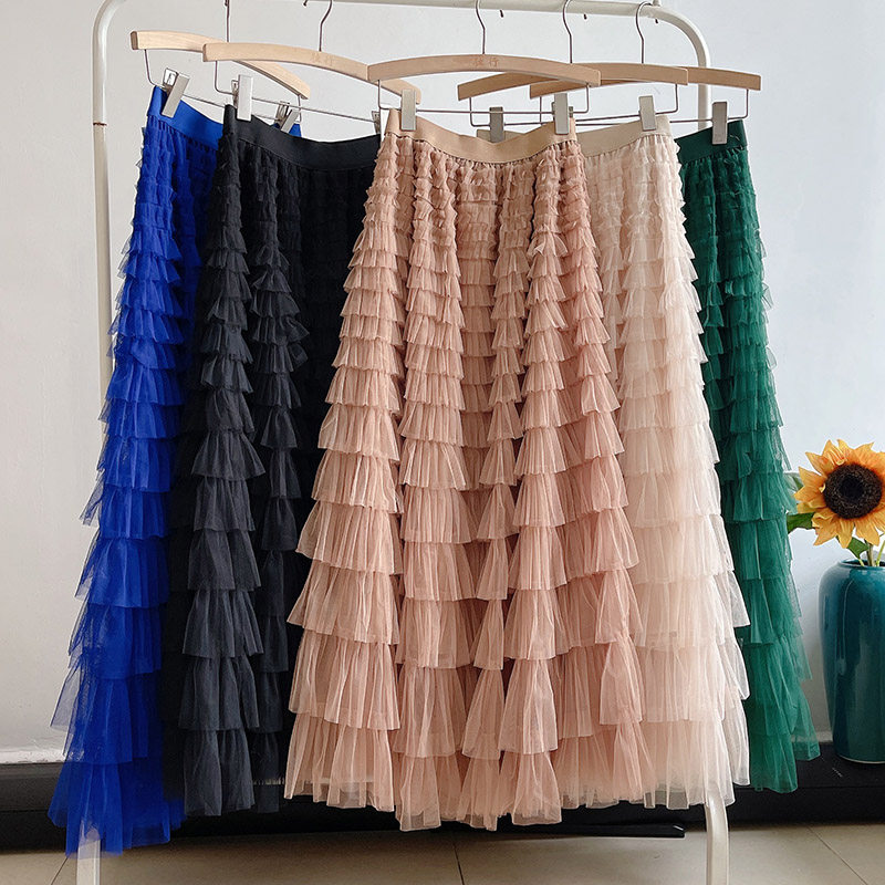 法式小众气质高腰蓬蓬裙蛋糕裙半身裙秋冬重磅a字层层网纱裙秋冬