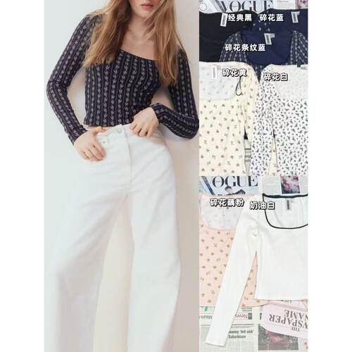 BM风蕾丝边方领长袖文艺碎花上衣