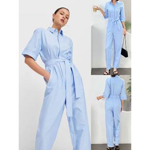 收腰直筒连体裤 03.18新品 休闲风短袖 日系通勤工装 西班牙旗下音符