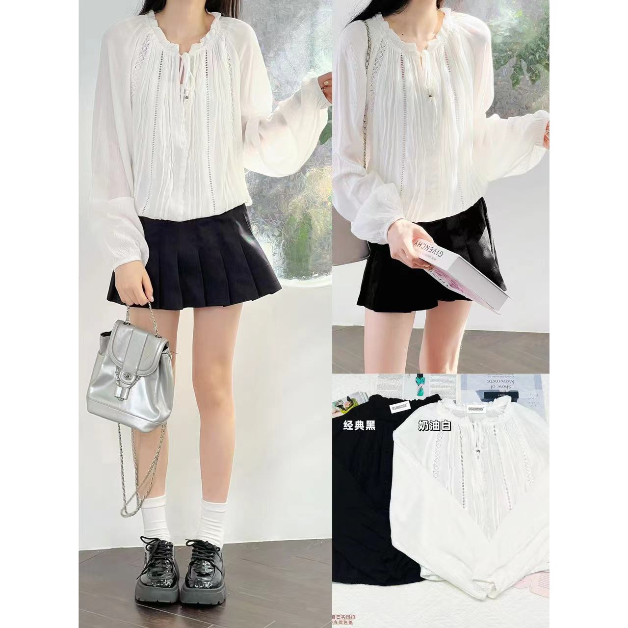 法式雪纺系带圆领设计感显瘦衬衫