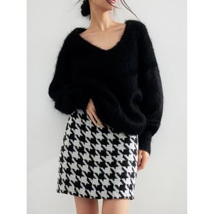 优雅高腰A字半身裙 源249小香风千鸟格气质厚款 OOhome新品 瑞典单