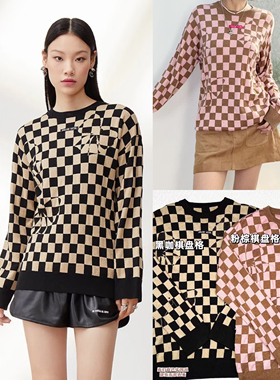 01.03新品 哦SL 羊毛混纺~设计感套头格子宽松毛衣保暖针织上衣
