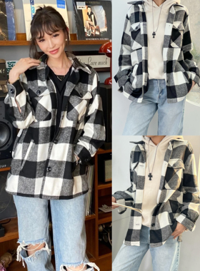 01.03新品 瑞典单 巴恩风复古黑白格子宽松时髦衬衫款毛呢外套