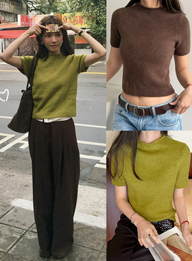 OOhome新品 西班牙Z 气质圆领针织短袖通勤风纯色修身上衣春秋