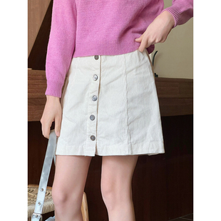 OOhome新品 瑞典单BM风复古灯芯绒高腰排扣短裙早春显瘦百搭半身裙