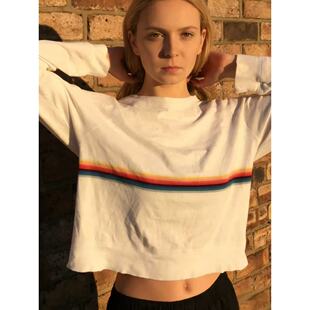 休闲圆领彩虹条松弛感百搭日常长袖 纯棉美式 T恤 B艾穆 03.25新品