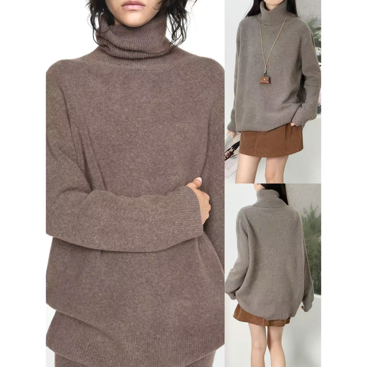 慵懒风宽松高领针织毛衣羊毛混纺