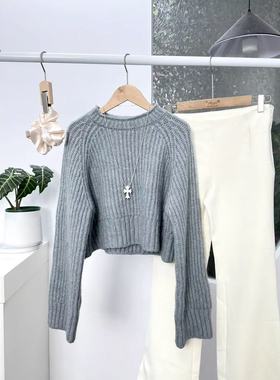 12.06新品 西班牙Z 秋冬老钱风短款宽松圆领粗线针织纹理感毛衣