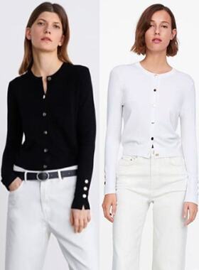 02.07新品 西班牙Z 复古小香风经典金属排扣圆领垂感针织开衫上衣