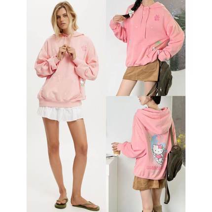 OOhome新品 澳洲cot*on 学院风甜美hellokitty休闲宽松连帽卫衣