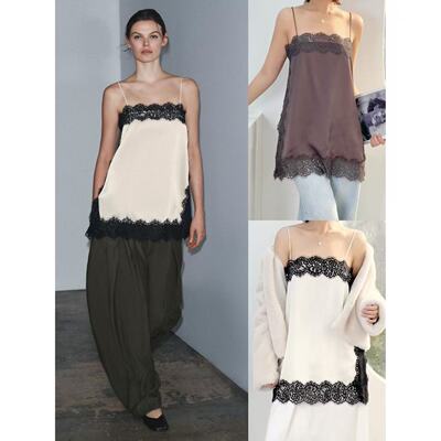 睫毛蕾丝缎面拼接抹胸吊带上衣