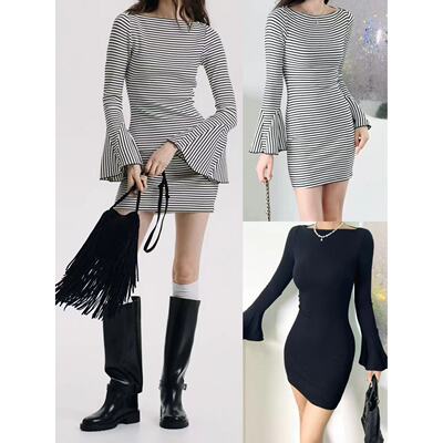 显瘦设计感针织喇叭袖包臀裙短裙