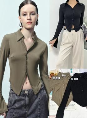 12.17新品 呦R 美式复古休闲polo领收修不规则设计显瘦开襟上衣