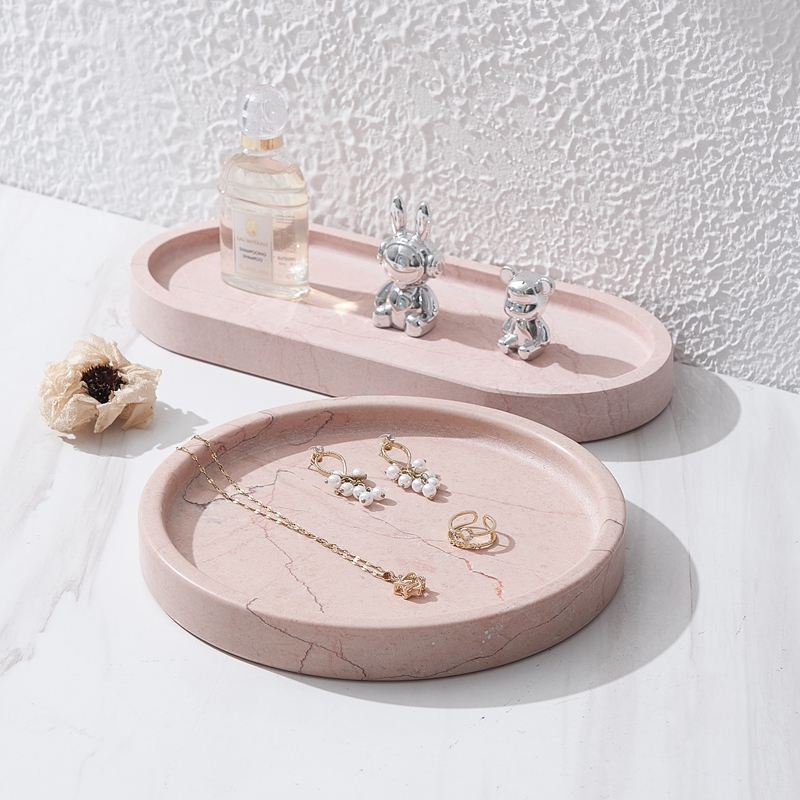 INS卧室装饰粉色大理石托盘化妆品首饰收纳盘酒店浴室洗手台置物