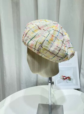 韩版时尚拼色格纹贝雷帽子女春夏薄款复古休闲画家南瓜帽蓓蕾帽潮