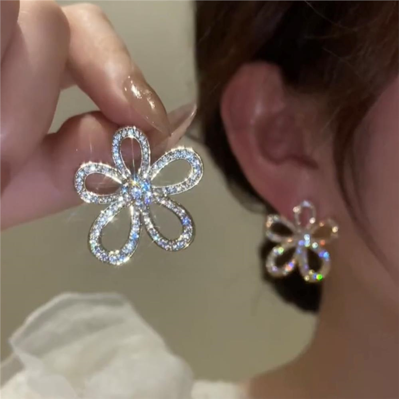 正品999纯银花朵耳钉女满钻银针