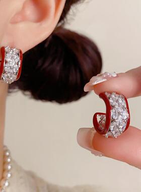 2026新款时尚满钻红色C形耳圈银耳环925纯银针女个性轻奢简约耳饰