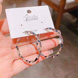 正品韩国气质个性4cm圆圈银耳环925银针女耳圈网红时尚百搭耳饰