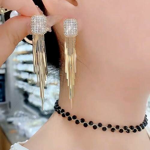 超闪999纯银针满钻锆石流苏耳环