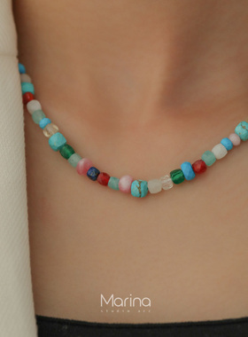 法式自由宝石复古彩色串珠项链 天然石锁骨链小众叠戴多巴胺颈链