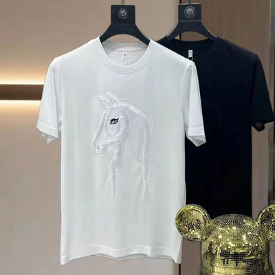 新品 高级感短袖t恤夏季圆领欧洲站马刺绣修身潮流半袖体恤男时尚
