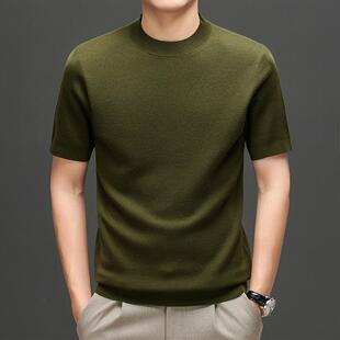 新品 高端改善丝光精纺100纯羊毛衫短袖T恤男针织半高领秋冬毛衣