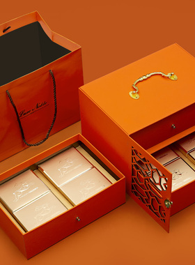 金属铁手提双层雕刻花窗高档中秋礼品包装盒6粒8粒装红色橙色定制