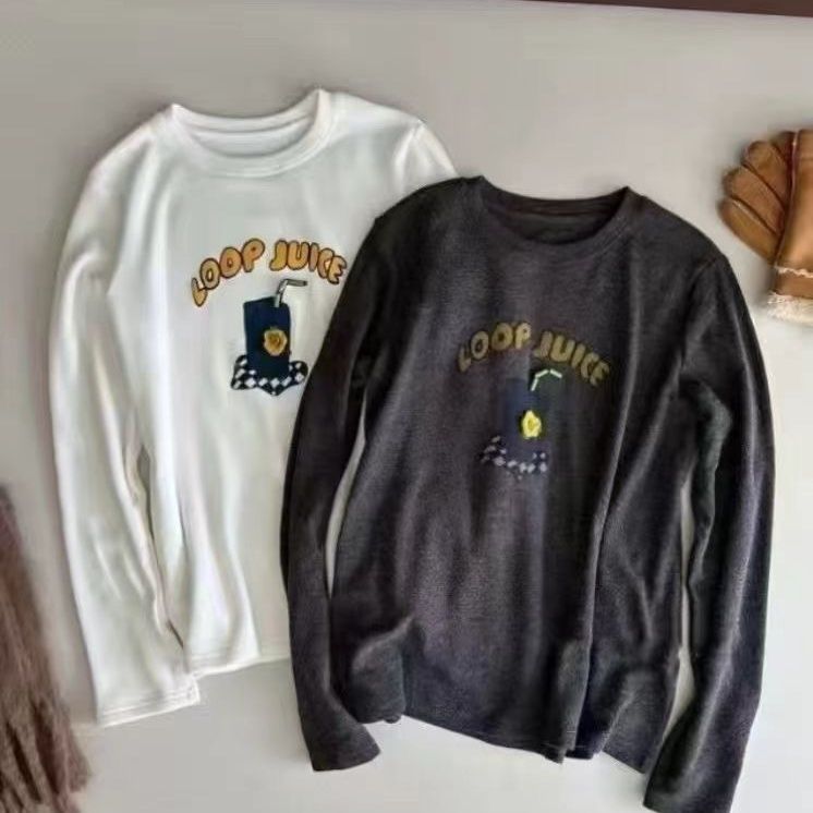 德绒韩版时尚卡通印花长袖上衣秋冬季2025新款百搭宽松显瘦打底衫