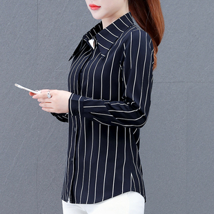 韩版 衬衣气质上衣 竖条纹衬衫 2024年春装 女长袖 修身 新款 洋气雪纺衫