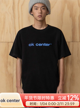 okcenter黑蓝基础字authentic sanded dry 毛感宽松版型TEE