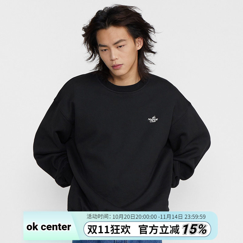 okcenter do nothing club 纯黑 加绒款磨毛圆领套头卫衣 保暖