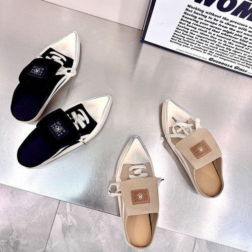 2026夏季新品欧美范走秀尖头帆布系带套脚网红舒适平底外穿女拖鞋