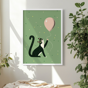 气球与小黑猫客厅卧室沙发玄关墙壁猫咪装饰画挂画艺术框油画壁画