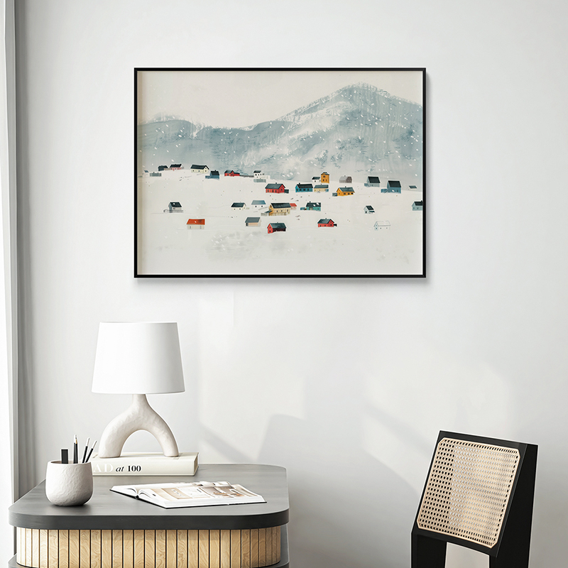 冬日村庄客厅卧室沙发酒店宾馆民宿风景自然装饰画挂画艺术框油画图片