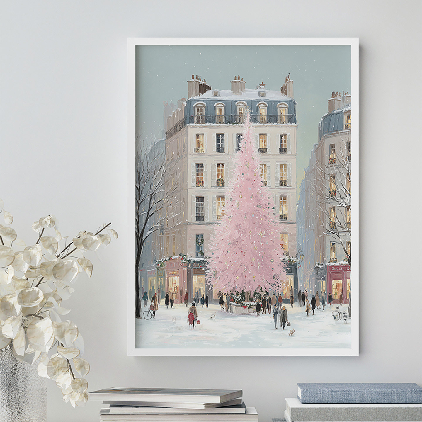圣诞雪夜街客厅卧室沙发玄关墙壁装饰画挂画艺术框油画壁画插画