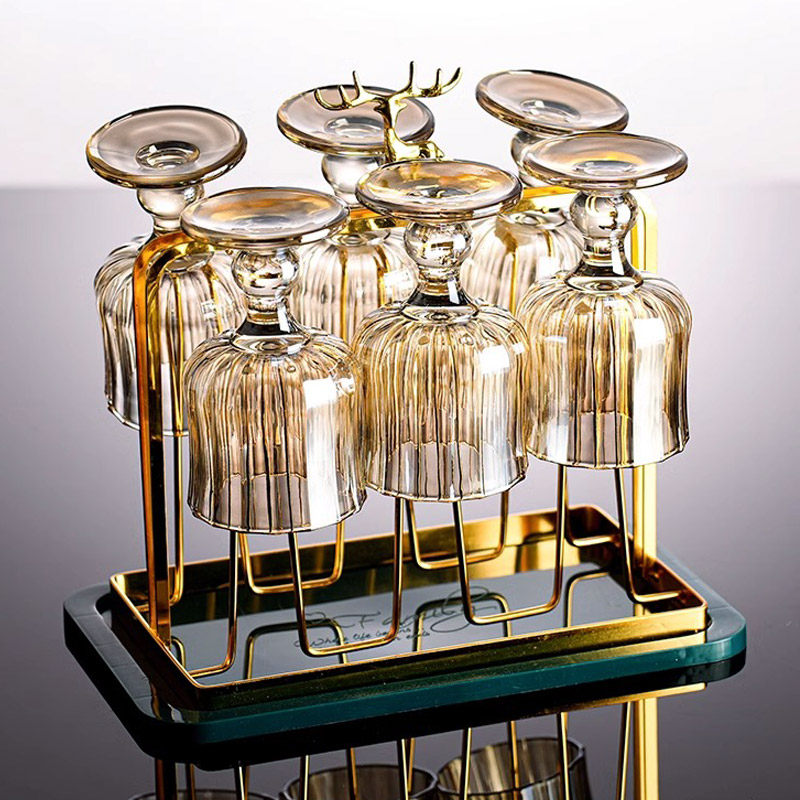 高级商用白酒杯套装轻奢家用水晶玻璃带杯架托盘葡萄酒杯乔迁酒具