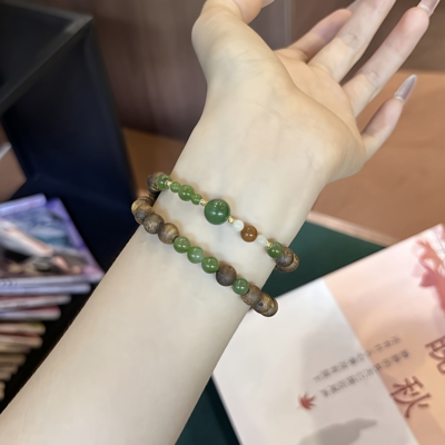 天然棋楠沉香莺歌绿奇楠沉香碧玉串珠手链木质中式复古女18K配件