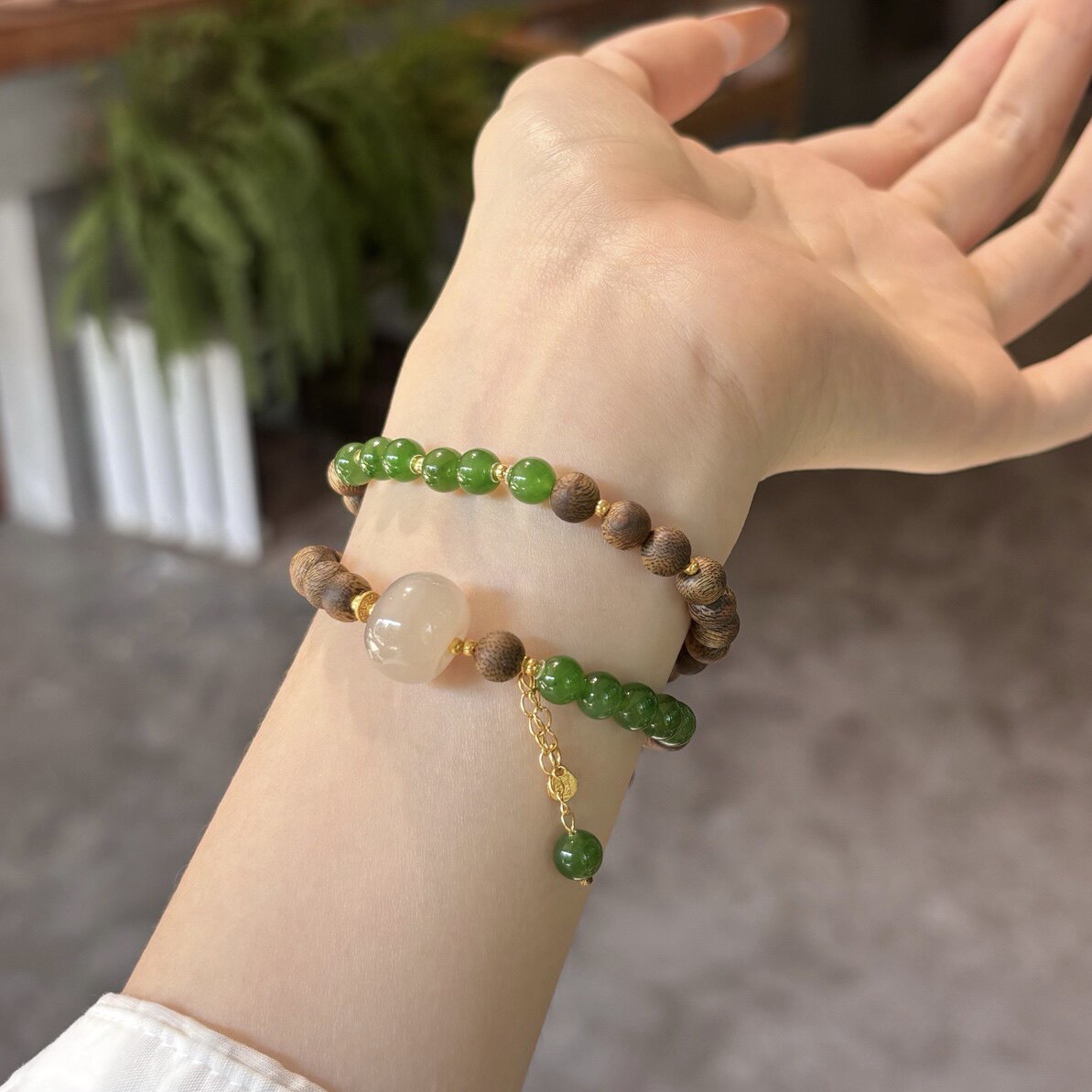 天然棋楠沉香木手串女款双圈和田玉碧玉双圈木质手链送女友礼物