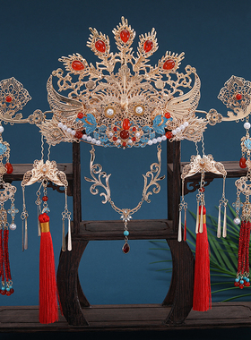 原创明制唐风古风汉服结婚百搭头饰凤冠新娘婚嫁发饰全套婚礼套装