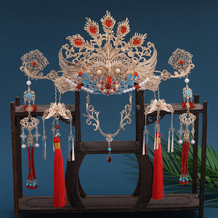 原创明制唐风古风汉服结婚百搭头饰凤冠新娘婚嫁发饰全套婚礼套装