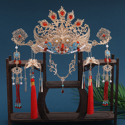 原创明制唐风古风汉服结婚百搭头饰凤冠新娘婚嫁发饰全套婚礼套装